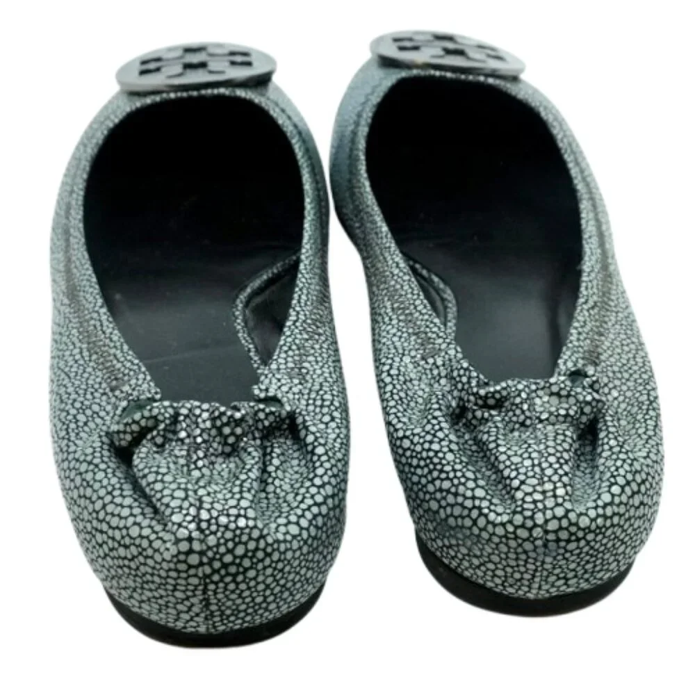 TORY BURCH~Gray Reva Logo~BALLET FLATS~ LEATHER SHOES in GRAY EEL~ SIZE 8.5M